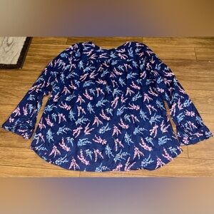 Talbots Womens Blue Pink Floral Popover Blouse Size M Long Sleeve Notch Neck
